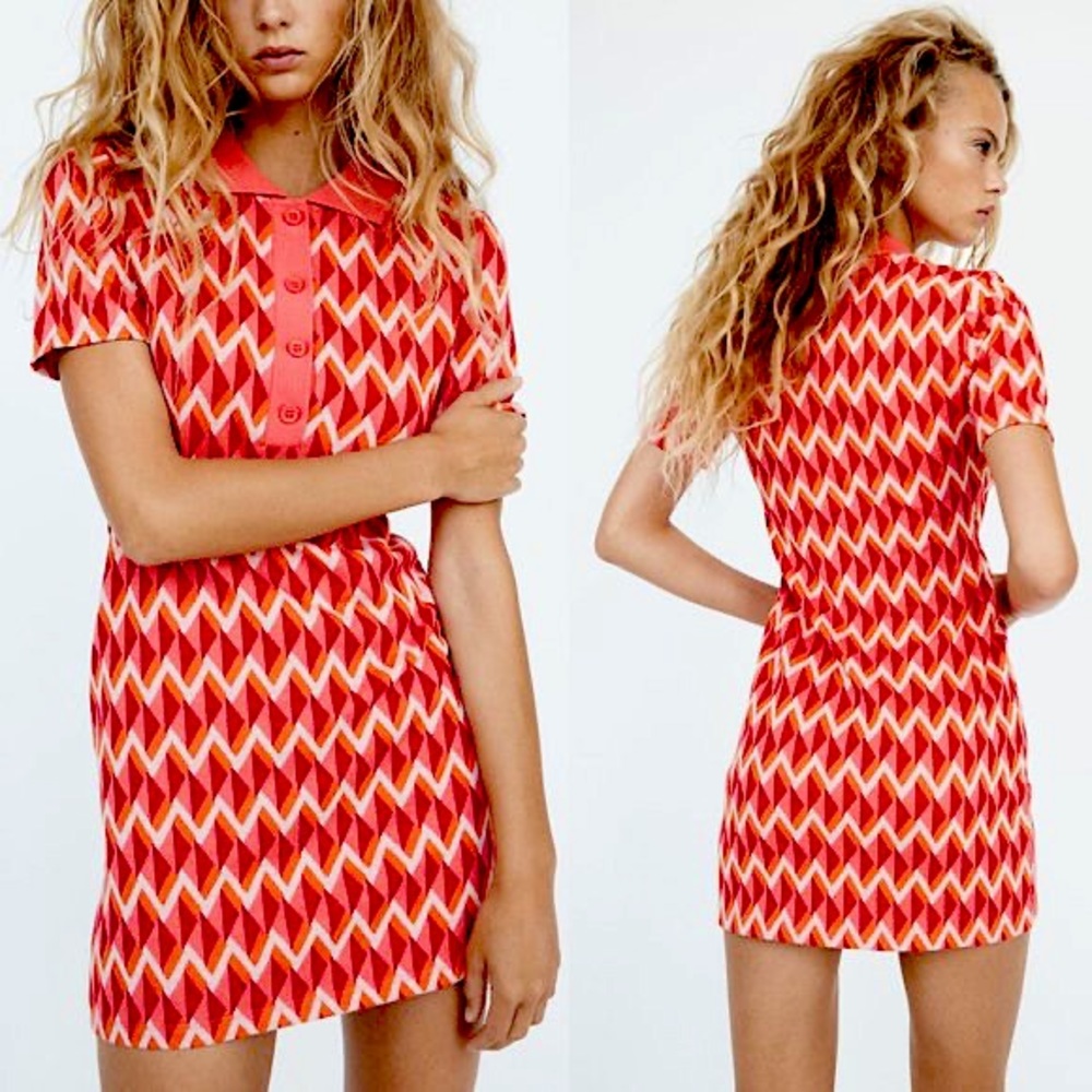 Zara Retro Polo Collar Jacquard Knit Dress